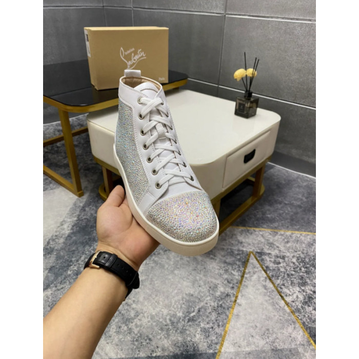 Christian Louboutin White Leather Crystal‑Embellished High‑Top Sneakers