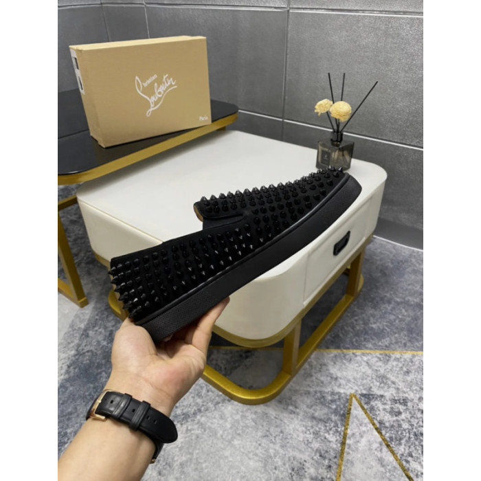 Christian Louboutin Black Suede All‑Over Spiked Slip‑On Loafers