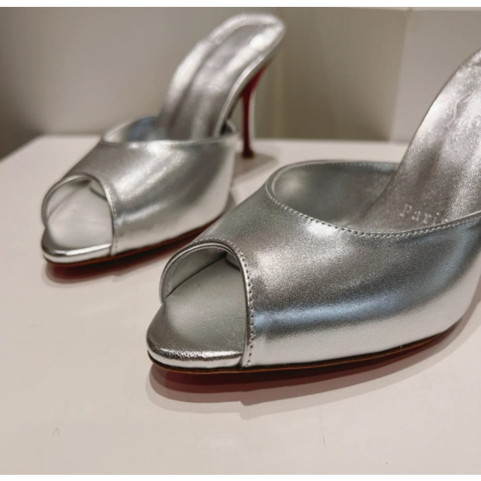 Christian Louboutin Silver Metallic Peep‑Toe Stiletto Heel Mules