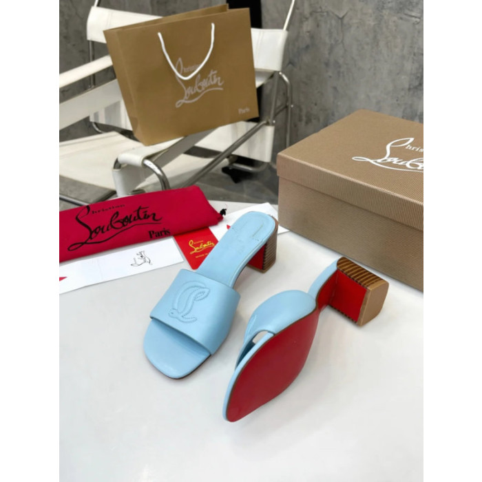 Christian Louboutin Light Blue Leather 55mm heel Block Heel Slide Sandal