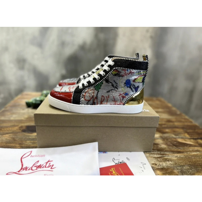 Christian Louboutin Graffiti‑Print Sequined Color‑Block High‑Top Sneakers