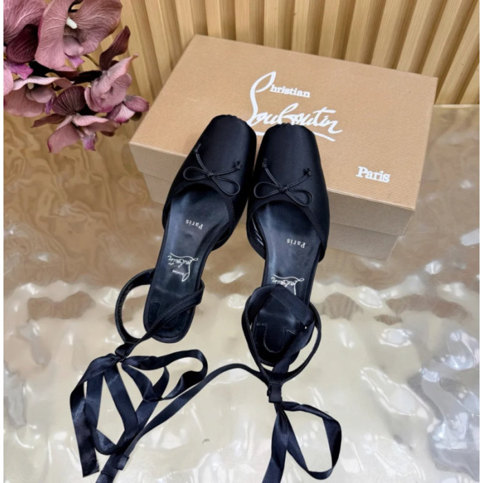 Christian Louboutin Black Satin Bow Ankle‑Tie Slingback Ballet Flats