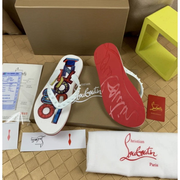 Christian Louboutin White Multi‑Color Graphic Print Studded Flip‑Flop Sandals
