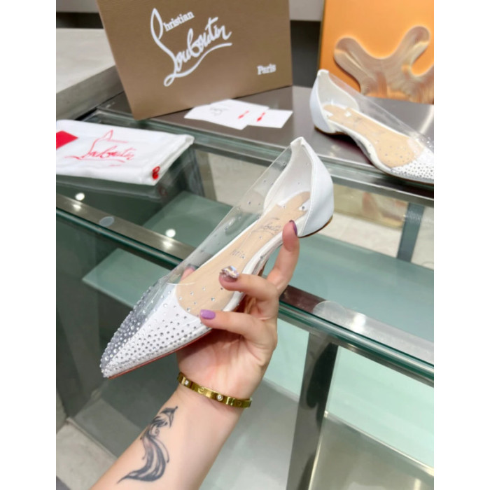 Christian Louboutin Clear PVC White Crystal Pointed‑Toe Flat Pumps
