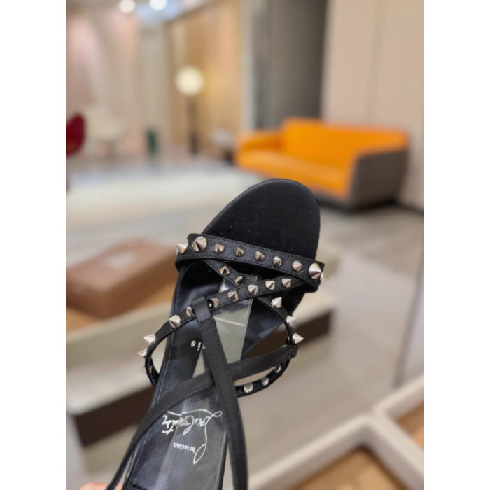 Christian Louboutin Black Leather Studded Crisscross Slingback High Heel Sandals