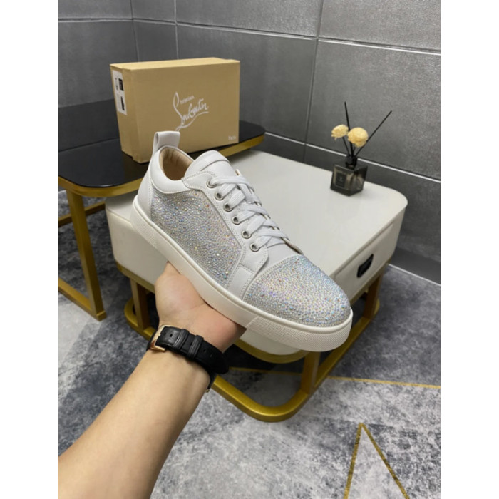 Christian Louboutin White Leather AB Crystal‑Encrusted Low‑Top Sneakers