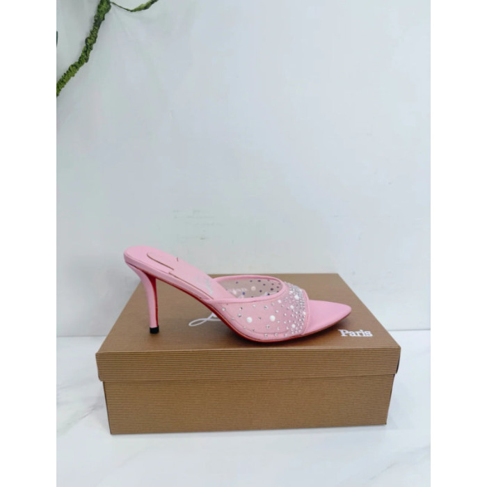 Christian Louboutin Pink Mesh Crystal 70mm Pointed‑Toe Mule High‑Heel Sandals