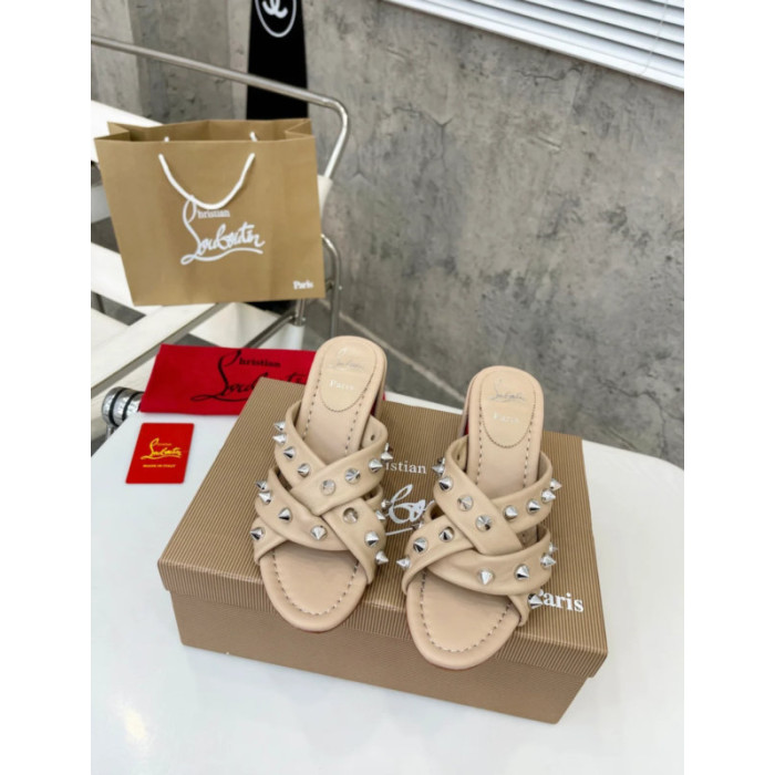 Christian Louboutin Beige Leather Studded 55mm heel Slide Sandals