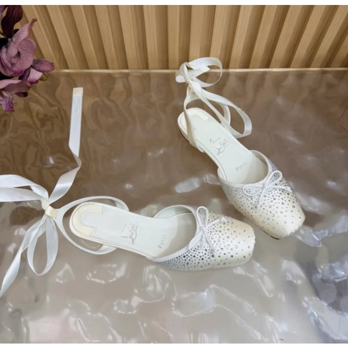 Christian Louboutin White Satin Crystal‑Embellished Ankle‑Tie Slingback Ballet Flats