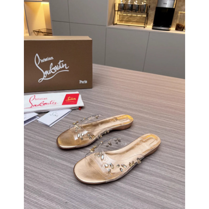 Christian Louboutin Clear Strap Crystal‑Embellished Gold Flat Slide Sandals
