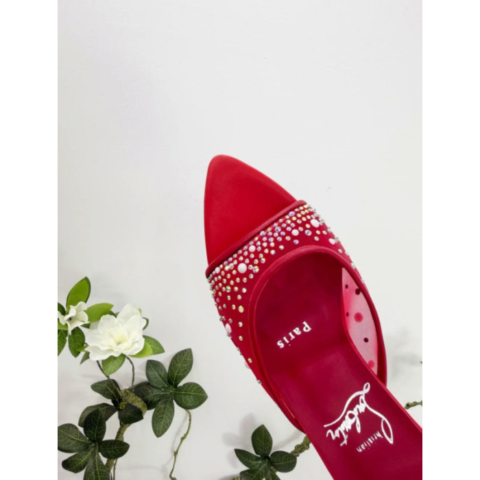Christian Louboutin Red Mesh Crystal 70mm Pointed‑Toe Mule Heels