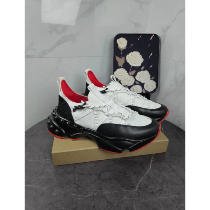 Christian Louboutin White‑Black Spiked Chunky Lace‑Up Sneakers Red Lining