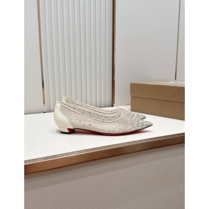 Christian Louboutin White Mesh Pearl Crystal‑Embellished Pointed‑Toe Flat Shoes