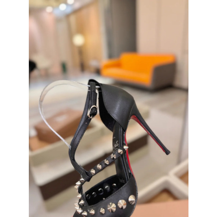 Christian Louboutin Black Leather Spiked Crisscross Strap Pointed‑Toe High‑Heel Pumps