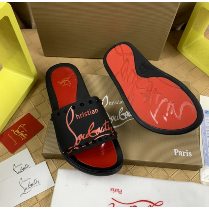Christian Louboutin Black Red Logo‑Print Spiked Slide Sandals Red Footbed