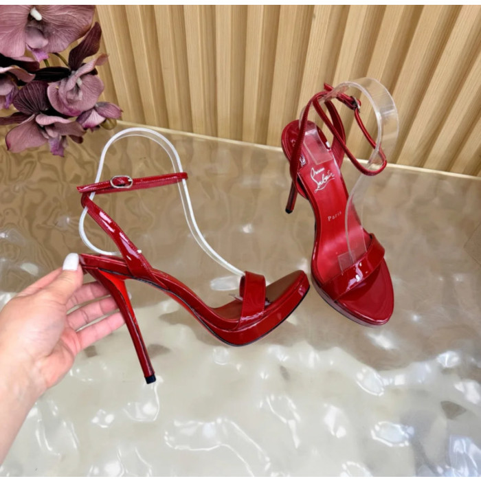 Christian Louboutin Red Patent Leather Ankle‑Strap Platform High‑Heel Sandals 120mm heel