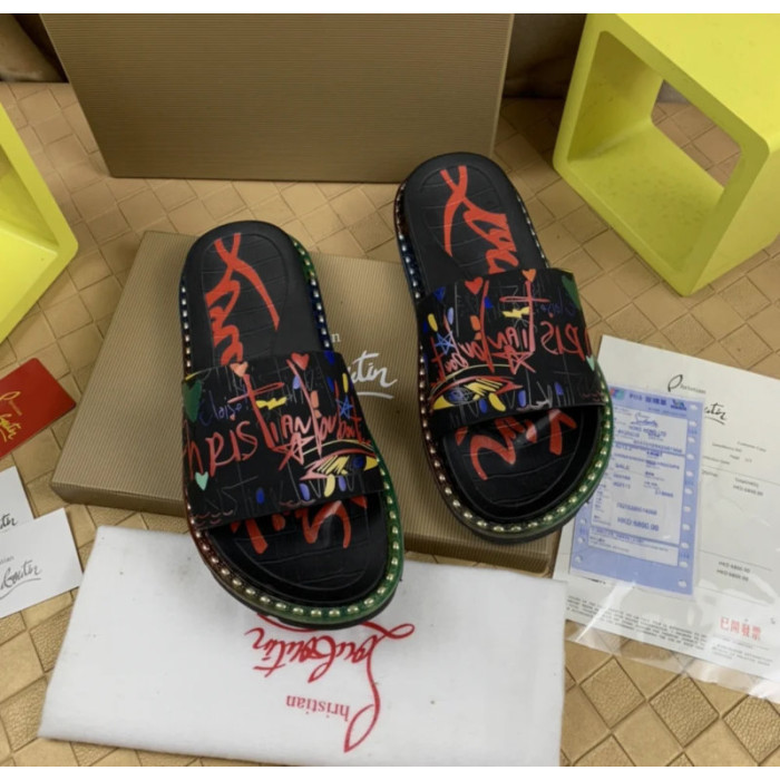 Christian Louboutin Black Graffiti‑Print Slides Rainbow Crystal‑Trimmed Sole