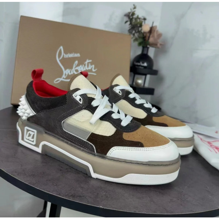 Christian Louboutin Brown‑White Suede‑Mesh Spiked Platform Lace‑Up Sneakers