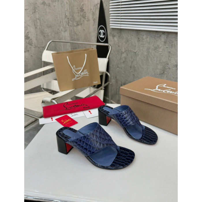 Christian Louboutin Navy Croc‑embossed Leather 55mm Block Heel Mule Sandal