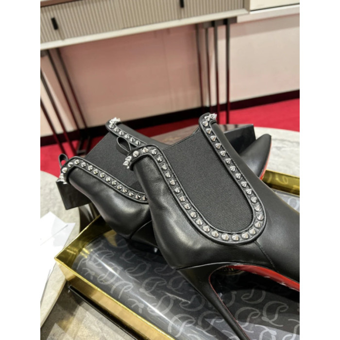 Christian Louboutin Black Leather 100mm Spiked Stiletto Pointed Toe Ankle Boots
