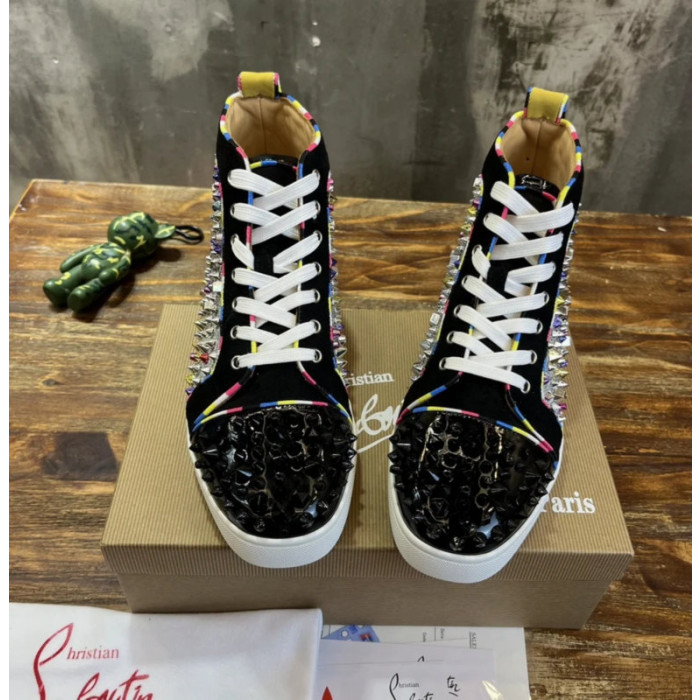 Christian Louboutin Multicolor Crystal Spike‑Decorated Glitter High‑Top Sneakers