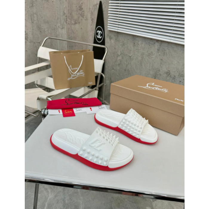 Christian Louboutin White Spiked CL Logo Slide Sandal