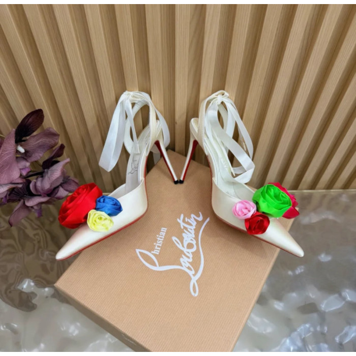 Christian Louboutin Ivory Satin Multicolor Rose Flower 100mm Stiletto Heel Slingback Pumps