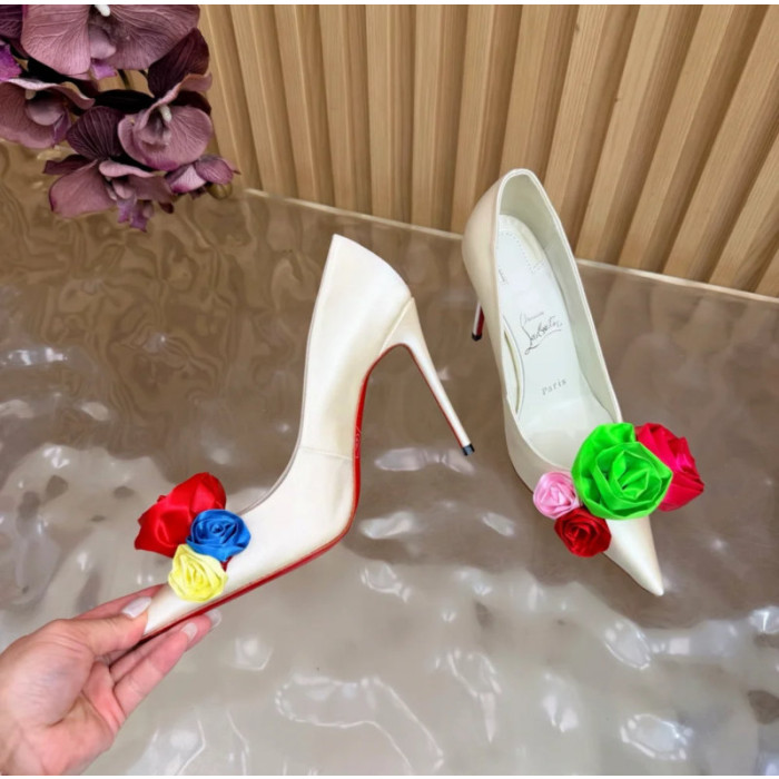 Christian Louboutin Off‑White Satin Multicolor Fabric Flower 100mm Stiletto Heel Pumps