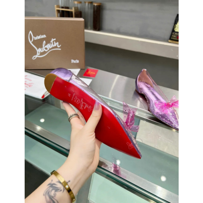 Christian Louboutin Purple Transparent PVC Pink Bow Crystal Pointed‑Toe Flat Pumps
