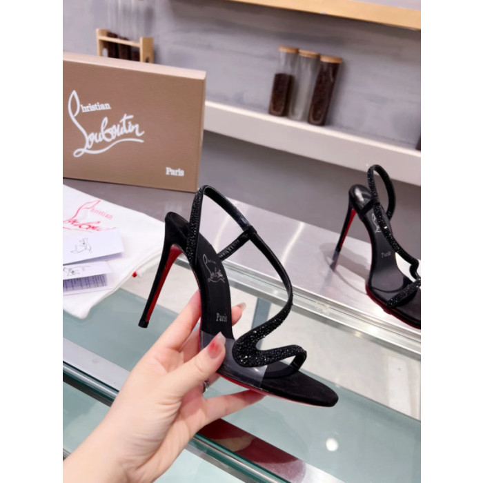 Christian Louboutin Black Suede Crystal‑Embellished 100mm heel Sandal