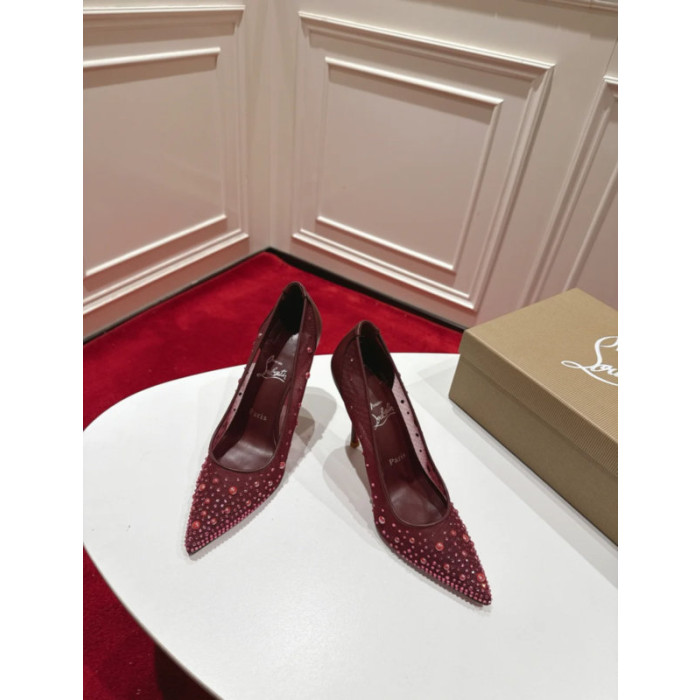 Christian Louboutin Burgundy Mesh Crystal 100mm Stiletto Heel Pumps