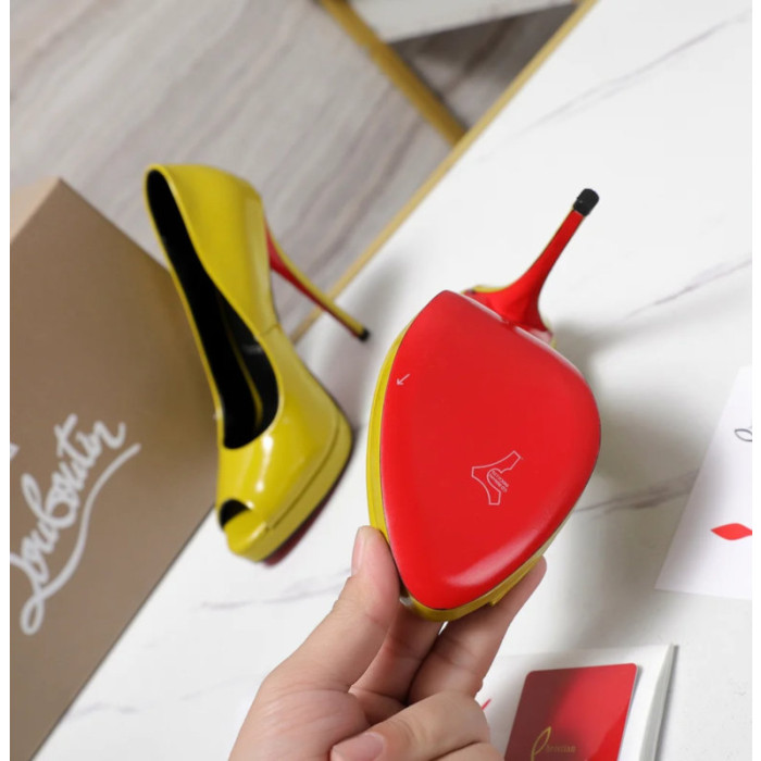 Christian Louboutin Lady Z 120 Yellow Patent Peep‑Toe Platform Stiletto Heel Pumps