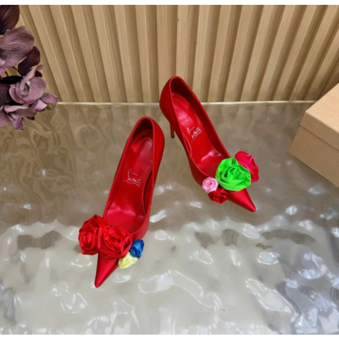 Christian Louboutin Red Satin Multicolor Fabric Flower 100mm Stiletto Heel Pumps