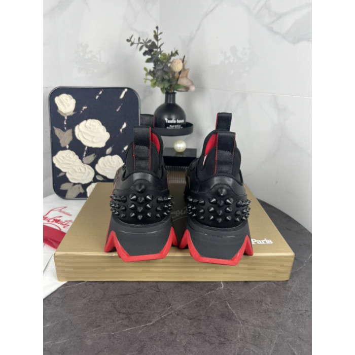 Christian Louboutin Black Slip‑On Sneakers Red Zigzag Sole Spiked Heel