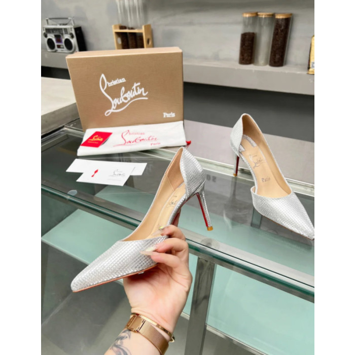 Christian Louboutin Silver Grid Textured Half‑d'Orsay Pointed‑Toe 100mm heel Pumps