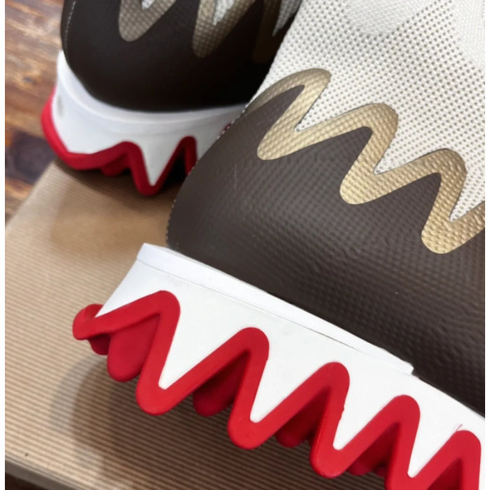 Christian Louboutin Beige‑Brown Knit Sock‑Style Shark‑Tooth Sole High‑Top Sneaker Boots