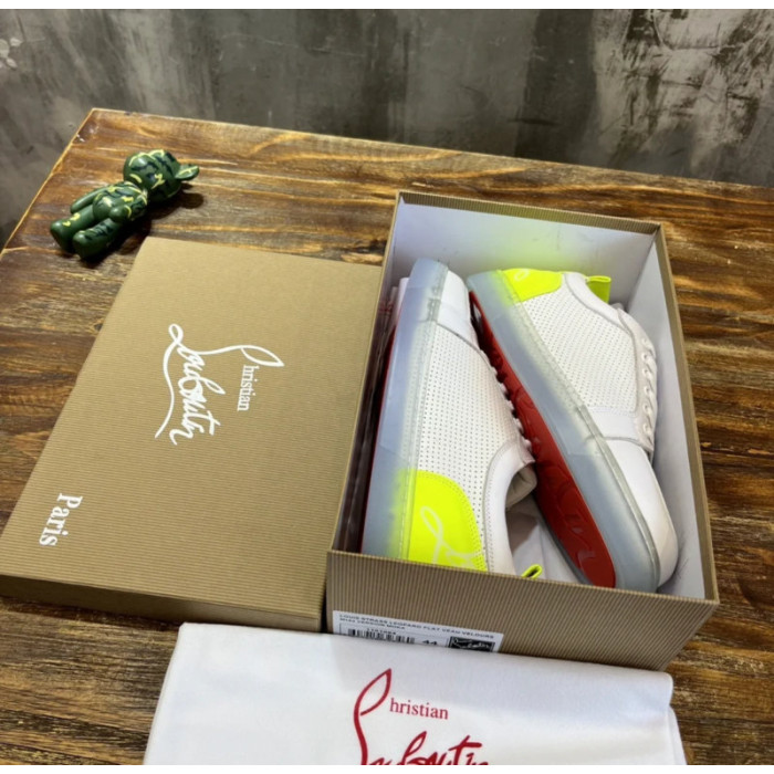Christian Louboutin White Perforated Leather Fluorescent‑Yellow Accent Low‑Top Sneakers