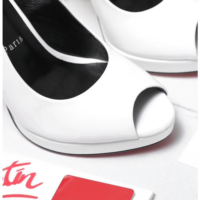 Christian Louboutin Lady Z 120 White Patent Peep‑Toe Platform Stiletto Heel Pumps