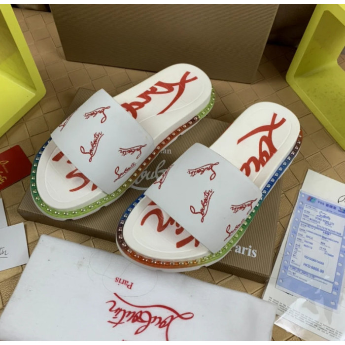Christian Louboutin White Logo‑Print Slides Rainbow Crystal‑Trimmed Sole