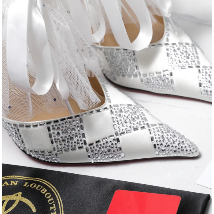 Christian Louboutin Silver Satin Checkerboard Crystal Tulle Ruffle 100mm Stiletto Heel Pumps