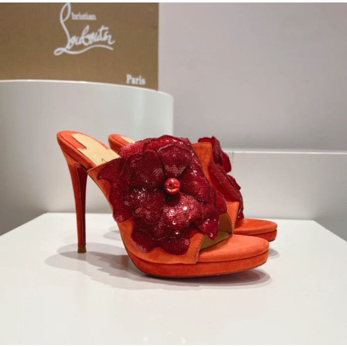 Christian Louboutin Orange Suede Sequin‑Flower 120mm Heel Platform Mule Sandals
