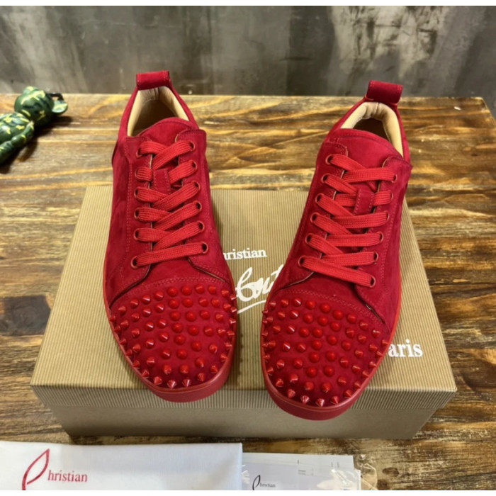 Christian Louboutin Red Suede Monochrome Spiked Low‑Top Men’s Sneakers