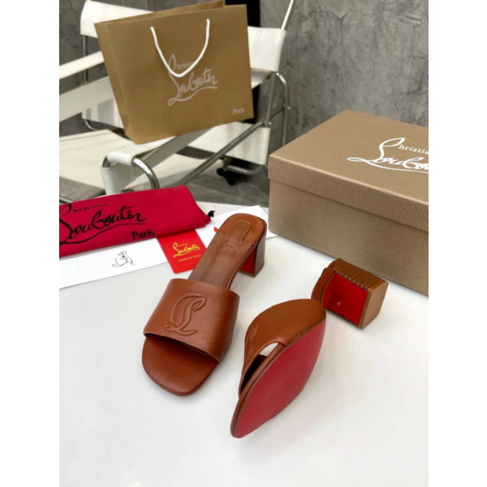 Christian Louboutin Cognac Brown Leather 55mm heel Block Heel Slide Sandal