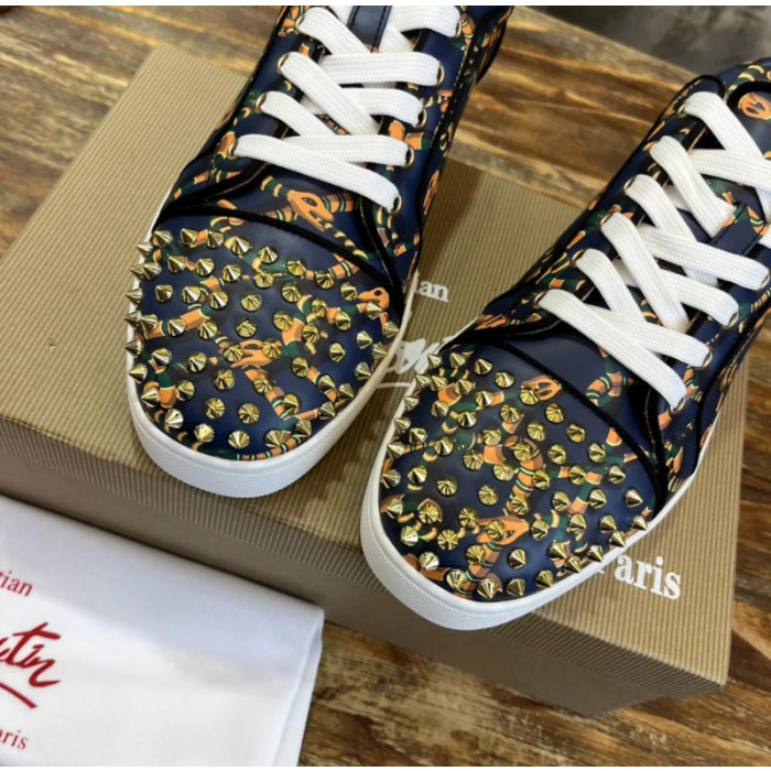 Christian Louboutin Navy Rope‑Print Gold‑Spiked Low‑Top Sneakers