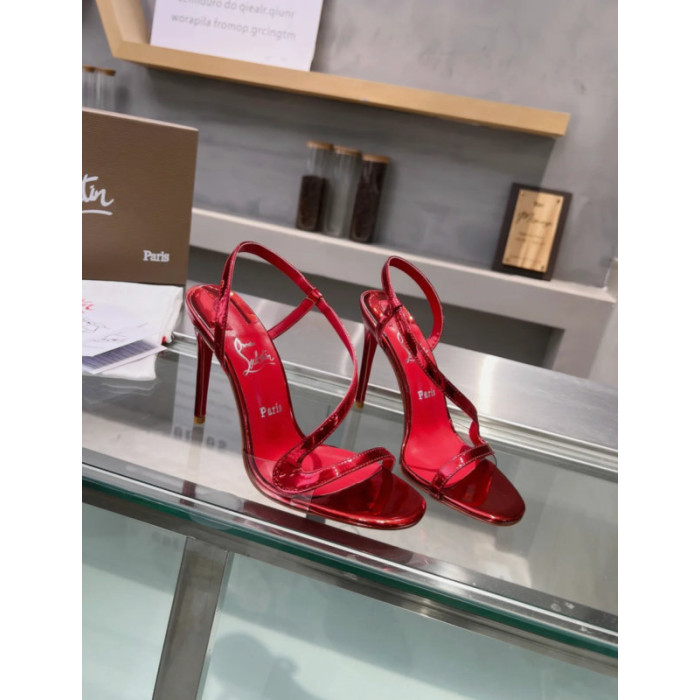 Christian Louboutin Red Patent Asymmetric Strap Slingback Sandal 100mm heel