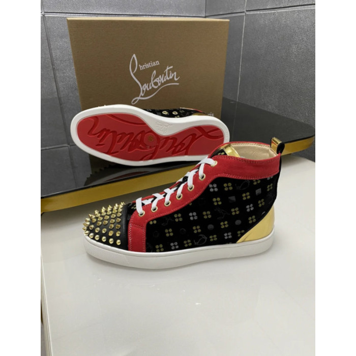 Christian Louboutin Black Printed Suede Red‑Trim Gold‑Spiked High‑Top Sneakers