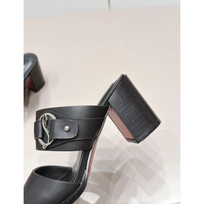 Christian Louboutin Black Leather CL‑Buckle Mule Block Heel Sandals 85mm heel