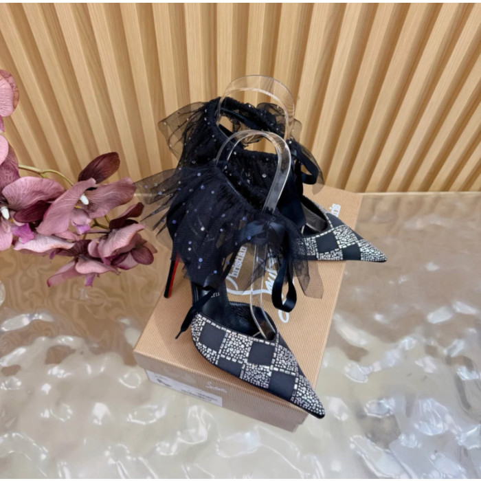 Christian Louboutin Black Satin Checkered Crystal‑Embellished 100mm Stiletto Heel Ankle‑Strap Pumps