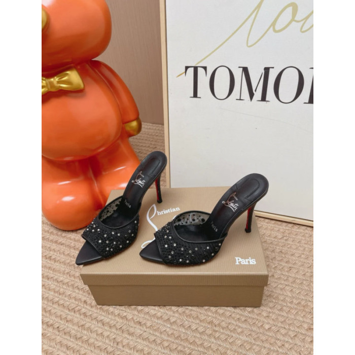 Christian Louboutin Black Tulle Rhinestone 100mm Stiletto Heel Backless Mules