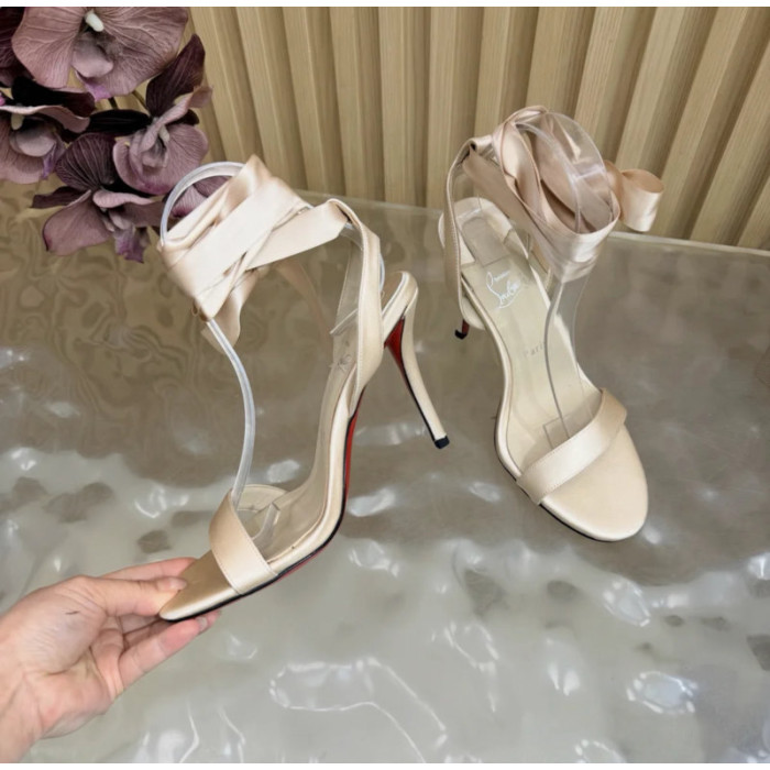 Christian Louboutin Champagne Satin 100mm Ankle‑Wrap Tie Stiletto Sandals